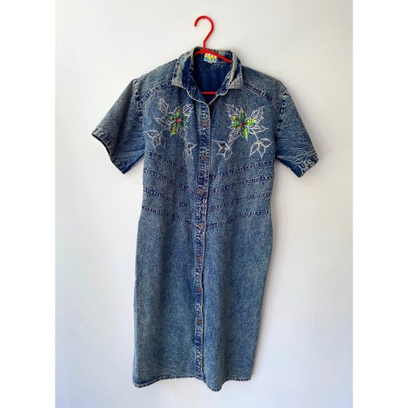 80s vintage blue denim acid wash embellished floral print retro midi jean dress - Picture 8 of 9
